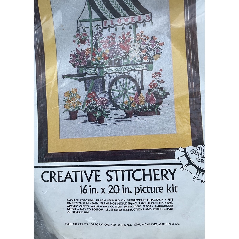 Vintage Vogart Crafts Creative Stitchery Flower Cart Crewel Kit 2402 16x20 1979